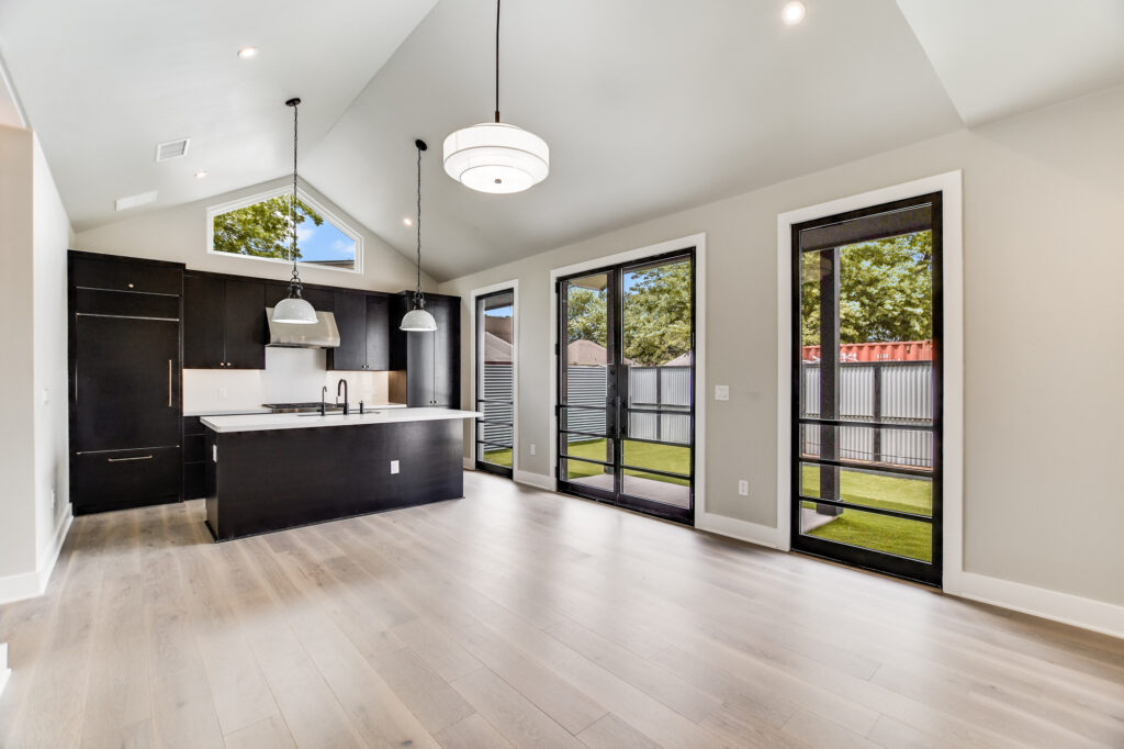 Interior view of a casita built by Southerly Homes in Austin, with a clean, minimalist black and white style