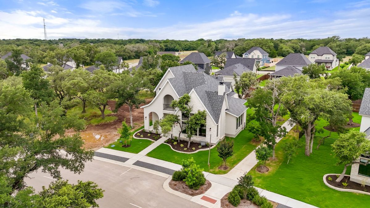 Aerial view of a Southerly home at Sanctuary in Salado.