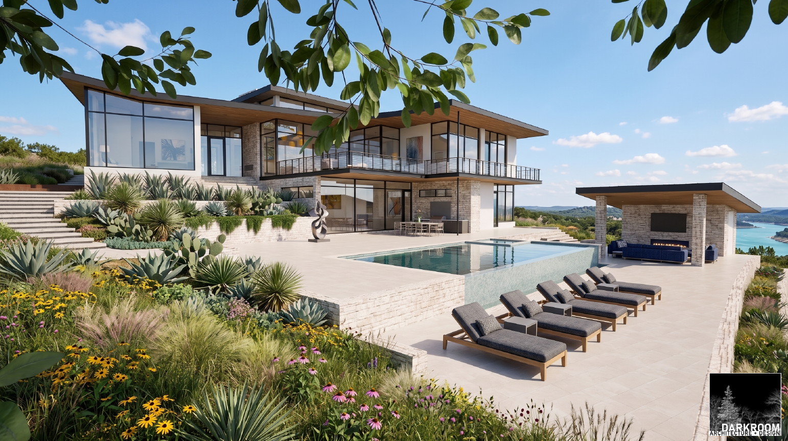 Rendering of a home in Travis Club, showing the back exterior with a pool and lounge seating.